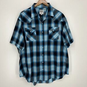 Ely‎ Cattleman Western Shirt Men's 2XL Blue Plaid Pearl Snap Short Sleeve